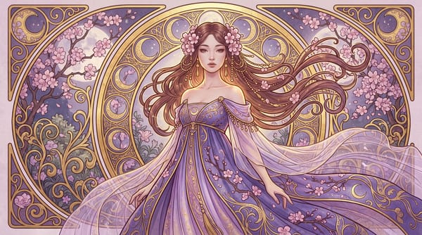 horizontal format; an exquisitely ornate Art Nouveau-style poster featuring a full-body portrai…