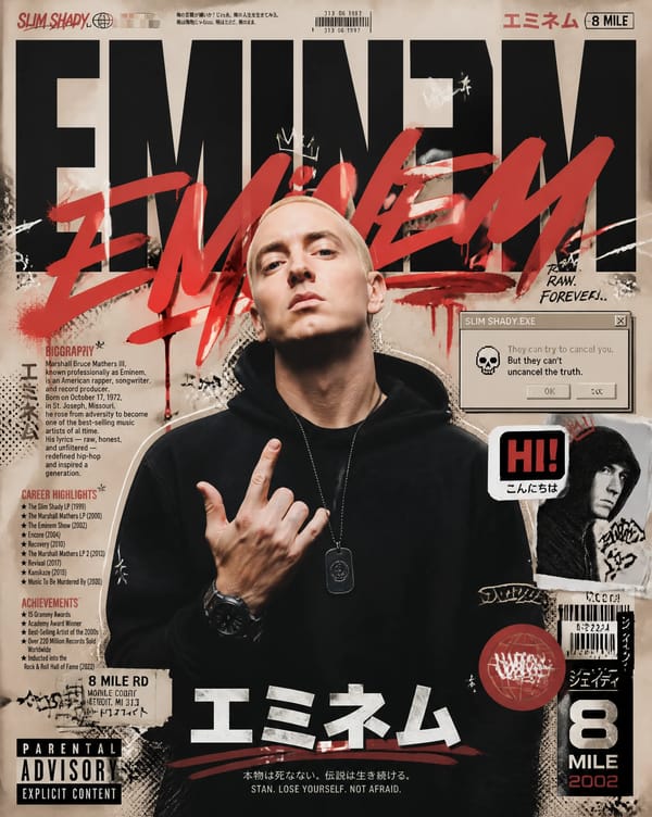 Create an ultra-premium modern Japanese street-art editorial poster featuring [EMINEM] as the main… prompt example