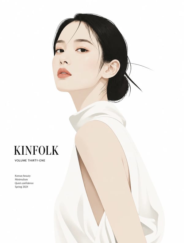 韩国美女 的高级杂志风格插画，细节极简，概念性视觉叙事，杂志级品质，干净的矢量渲染，大量留白，纯白背景 prompt preview
