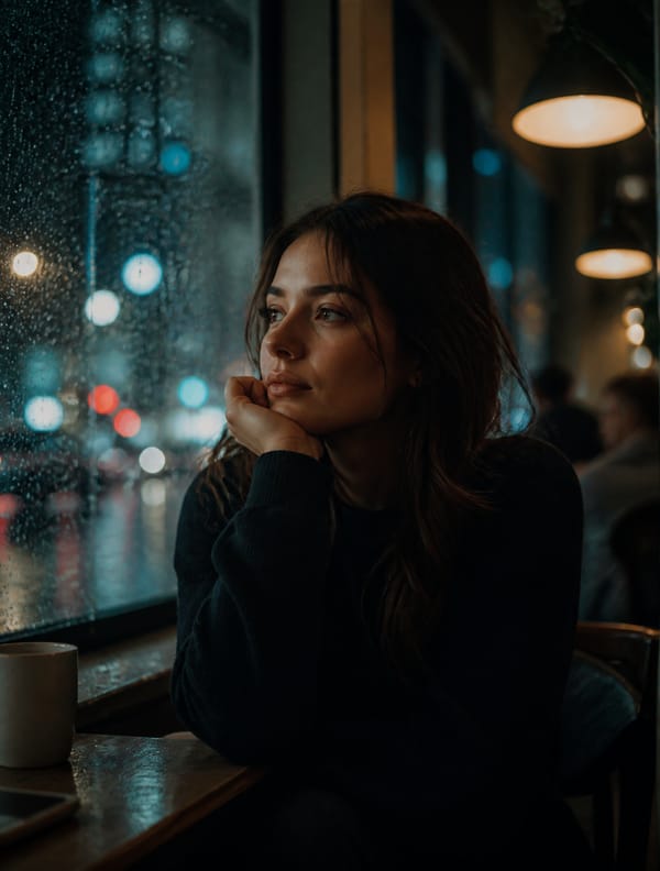 Ultra-realistic cinematic portrait of a person sitting beside a rainy window in a quiet café at nig… prompt example