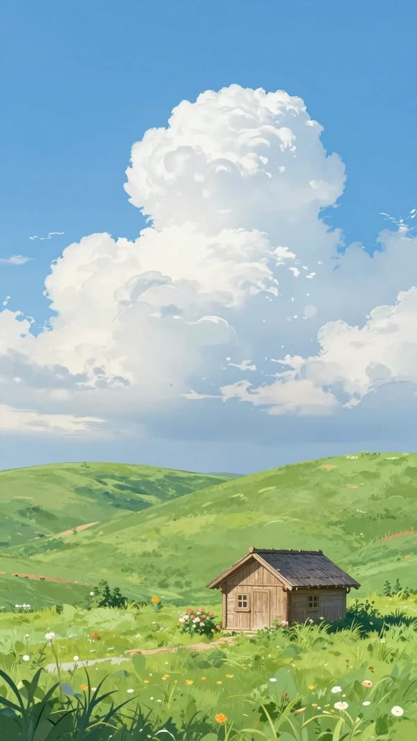 A lush, rolling green hill under a vast blue sky with fluffy, towering cumulus clouds. A small wood… prompt example