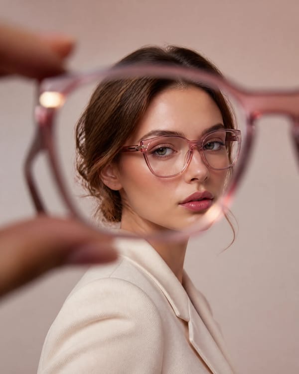 Create a luxury editorial eyewear portrait featuring the reference eyeglasses. Use a creative f…