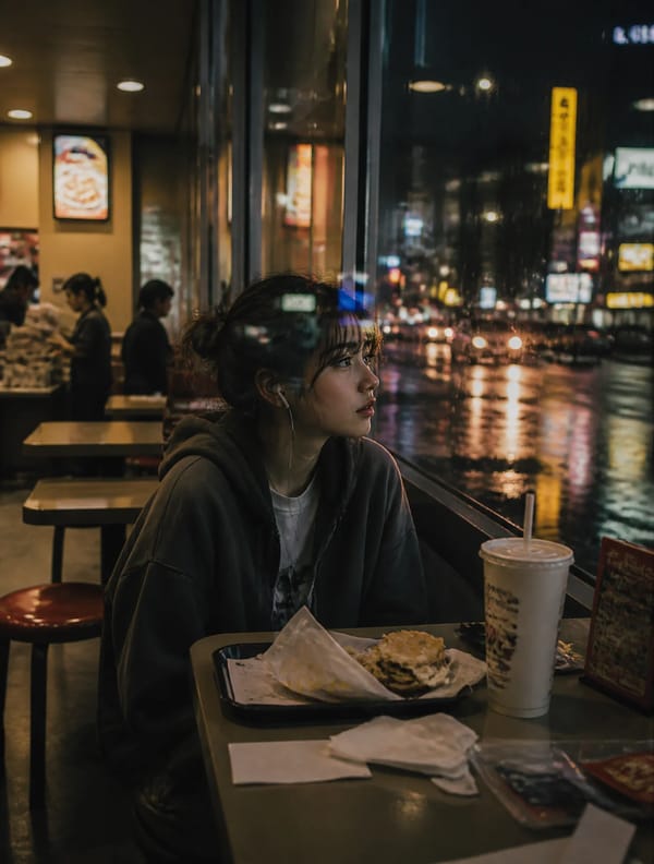 A young woman sitting alone inside a fast-food restaurant fifteen minutes before closing time.M…