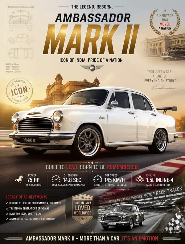 Create image Create an epic premium automotive poster of [Ambassador Mark II].Place the car as…
