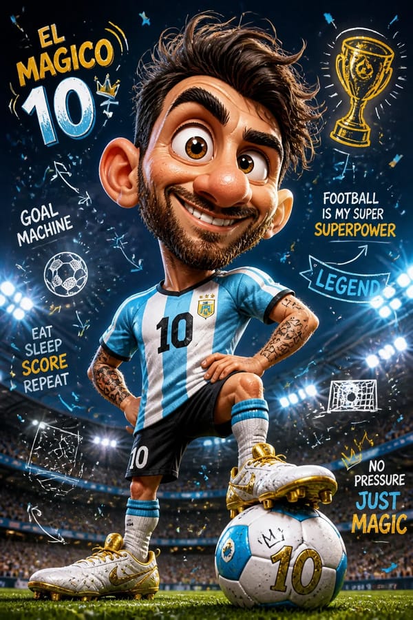 A hilarious original cartoon football superstar character, full body caricature with a gigantic ove… prompt example
