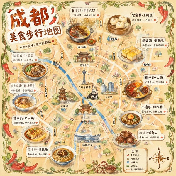 这是一幅以成都为主题的手绘风格城市美食地图。地图底图为鸟瞰视角的手绘简化版城市地图，标示了主要道路和地标——并非追求精确的比例，而是营造出一种迷人的手绘质感。地图上点缀着12幅精美的手绘小插图，描绘… prompt example