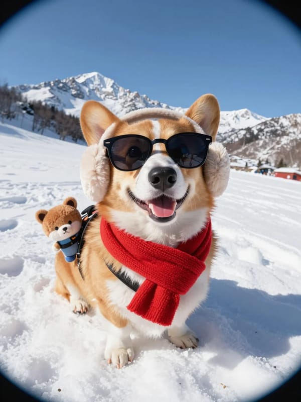 Fisheye lens shot: a smiling corgi wearing sunglasses, a red scarf and fuzzy earmuffs takes a selfi… prompt example