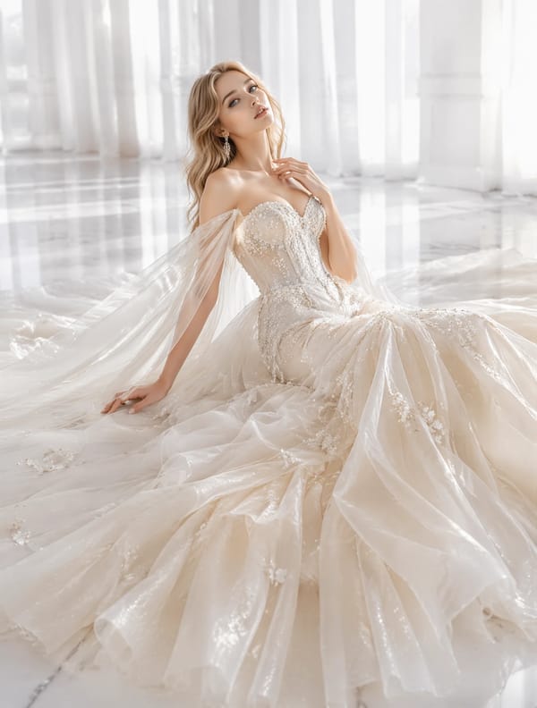 Expressive blue eyesDress Design: Custom ivory-and-pearl couture gown. Softly sculpted straples…