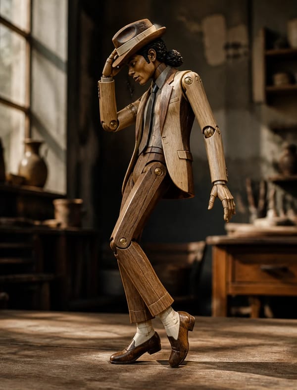 Subject and Movement: A delicate wooden automaton, depicting Michael Jackson's iconic signature…