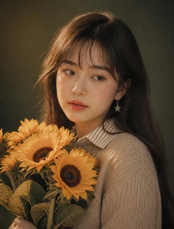 POSITIVE PROMPT:A young East Asian woman with long, soft dark brown hair and wispy curtain bang…