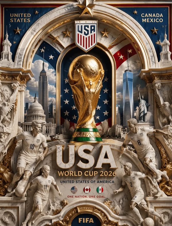 Ultra-detailed 3D baroque poster, USA World Cup 2026, FIFA trophy centered in marble-gold frame…
