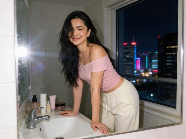 Ultra-realistic candid film photography portrait of a young woman leaning over a bathroom sink…