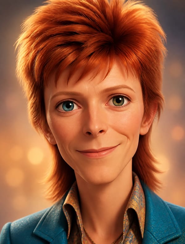 A Pixar-style frontal portrait of [david bowie], showing their kindness and amiability --ar 3:4…