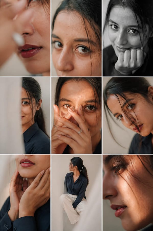 Editorial 3x3 photo grid in a clean soft beige studio. Character (matches reference 100%) weari…