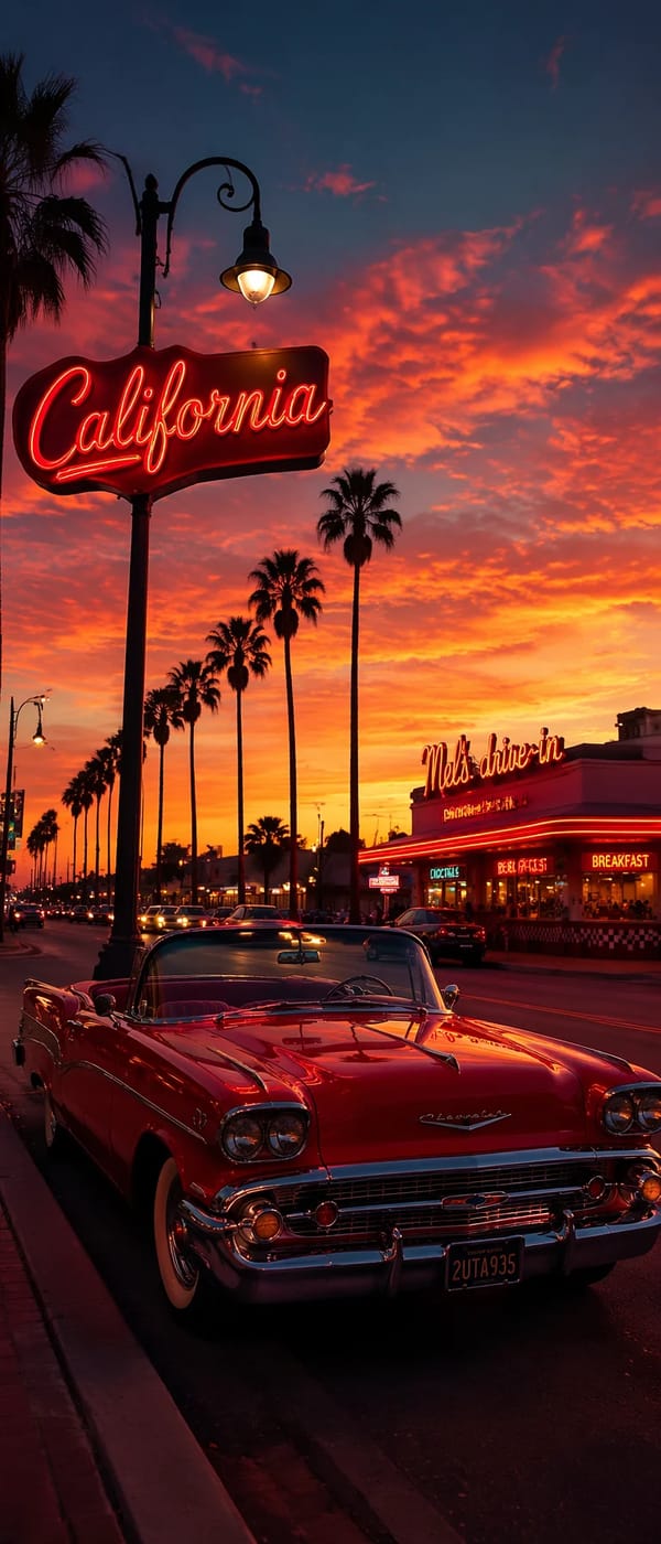 Vertical retro American roadside photography, sunset dusk, a glossy red vintage Chevrolet conve…