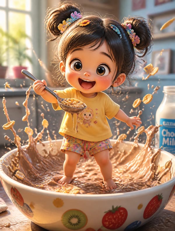 A whimsical, ultra-detailed 3D illustration of a cute toddler girl with an oversized head and big e… prompt example