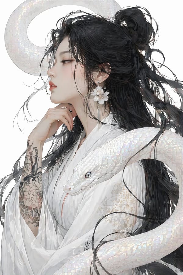 A woman with flowing, voluminous obsidian hair stands in profile, her hand resting near her chi…