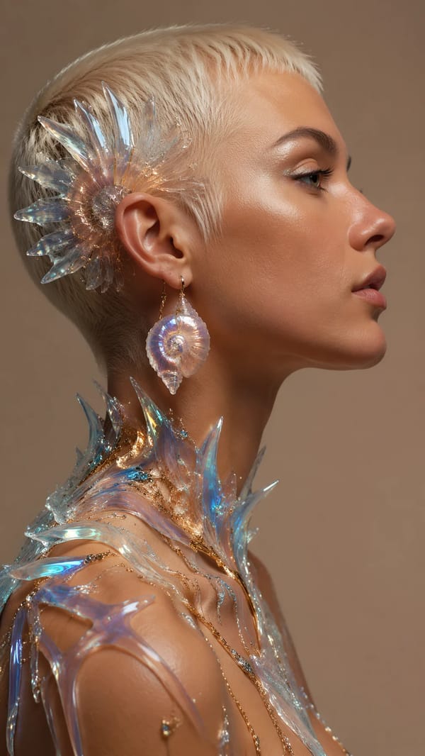 Vertical profile close-up portrait, ultra-realistic 3D render, cold beauty woman with short pla…