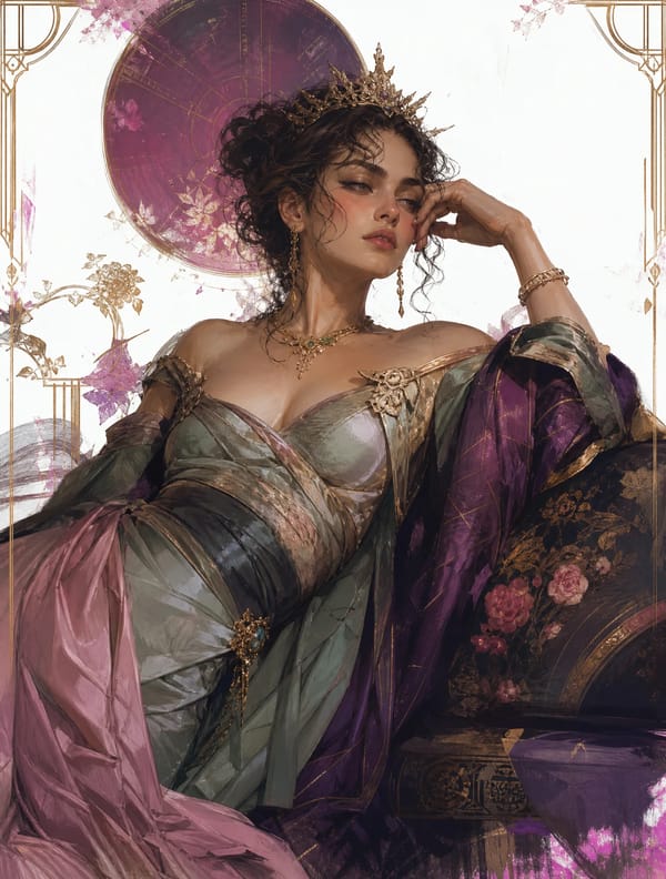 Create a portrait of a young woman in a semi-reclining pose with a pensive expression. Use a painte… prompt example
