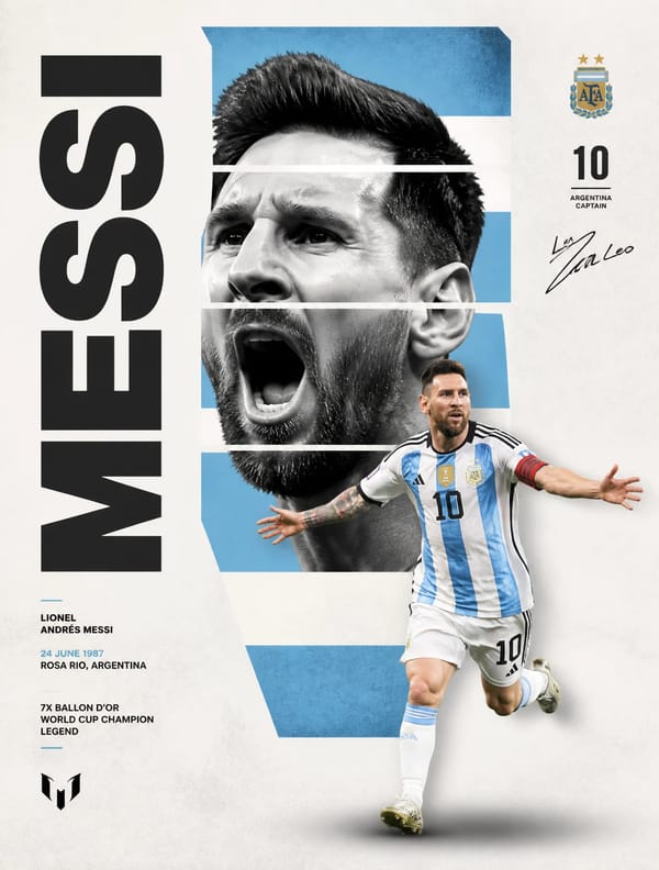 A professional sports graphic design poster of Lionel Messi, designed in a clean, modern, and m…