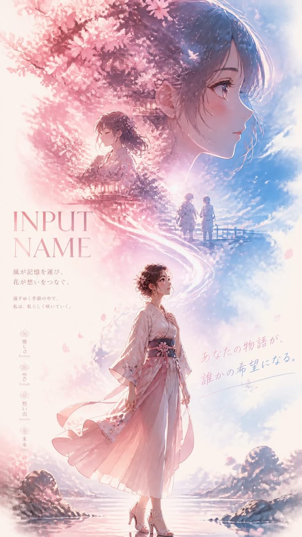 A character promotional poster titled “INPUT NAME”, designed in a cinematic vertical key visual…