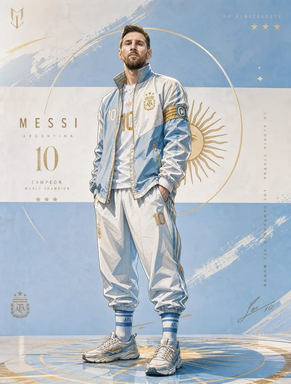 你的任务是将Lionel Messi / 梅西重新设计成一张高级、干净、时尚、具有国家队荣耀感的足球潮流海报。请保留梅西的核心识别特征： prompt preview