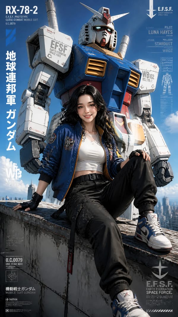 Semi-realistic anime style young woman in the uploaded image, full-body fashion editorial, sitting… prompt example