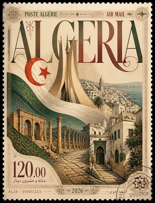 Create an image of an ultra-premium collectible postage stamp poster celebrating Algeria, designed… prompt example
