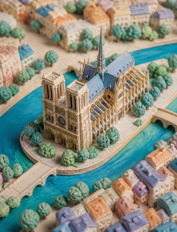 3d Notre dome cathedral made of plasticine, bird eye view with a 35mm pastel clay landscape. pr…