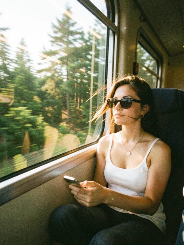 A candid quiet train-window moment during golden afternoon light. The subject sits curled beside a… prompt example