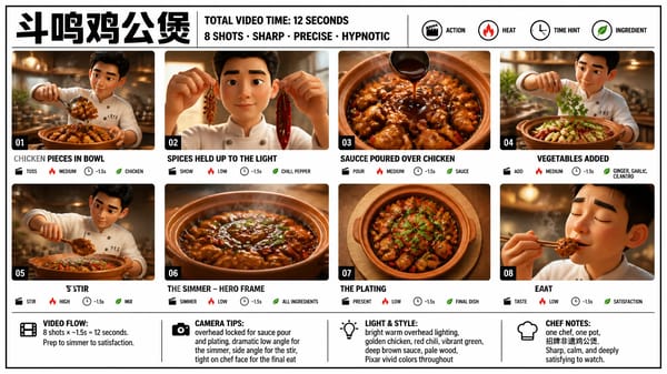 Create a crisp, clean infographic storyboard poster for 斗鸣鸡公煲. Wide 16:9 layout, white background,… prompt example