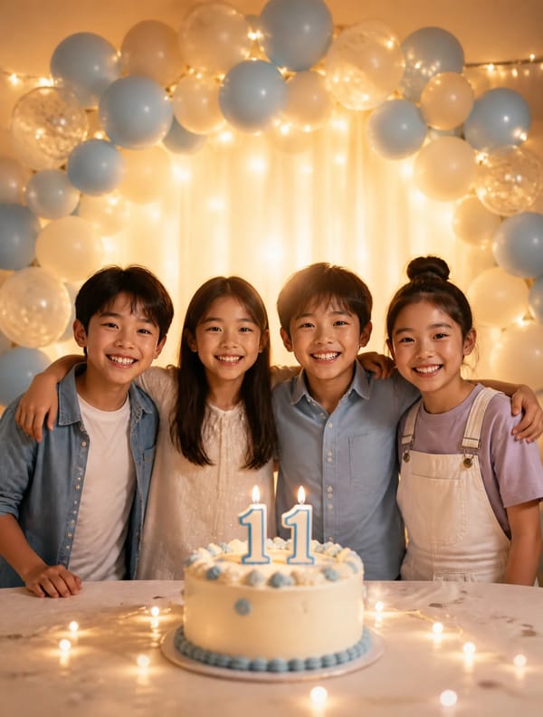 Four children stand in a horizontal line behind a birthday cake, positioned against a backdrop…