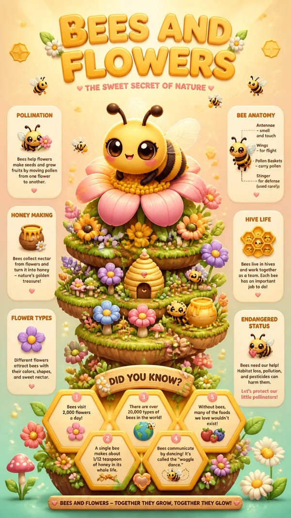 PROMPT:A delightfully warm and cozy vertical infographic poster in 9:16 format about bees and flowe… prompt example