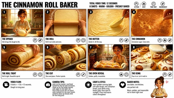 Create a crisp, clean infographic storyboard poster for THE CINNAMON ROLL BAKER. Wide 16:9 layout,… prompt example