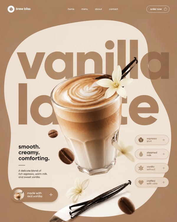 Vanilla Latte STYLE & ART DIRECTION: Modern minimalist food advertising aesthetics, Swiss-style…