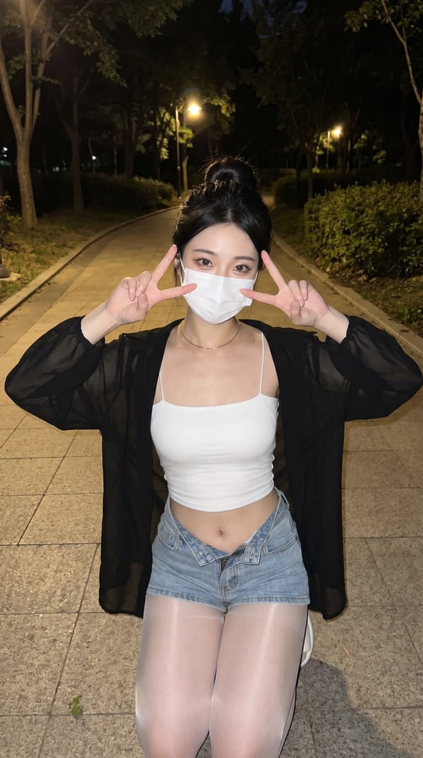 Nighttime park path captured with phone flash, a curvy hourglass young adult Asian woman kneeling a… prompt example