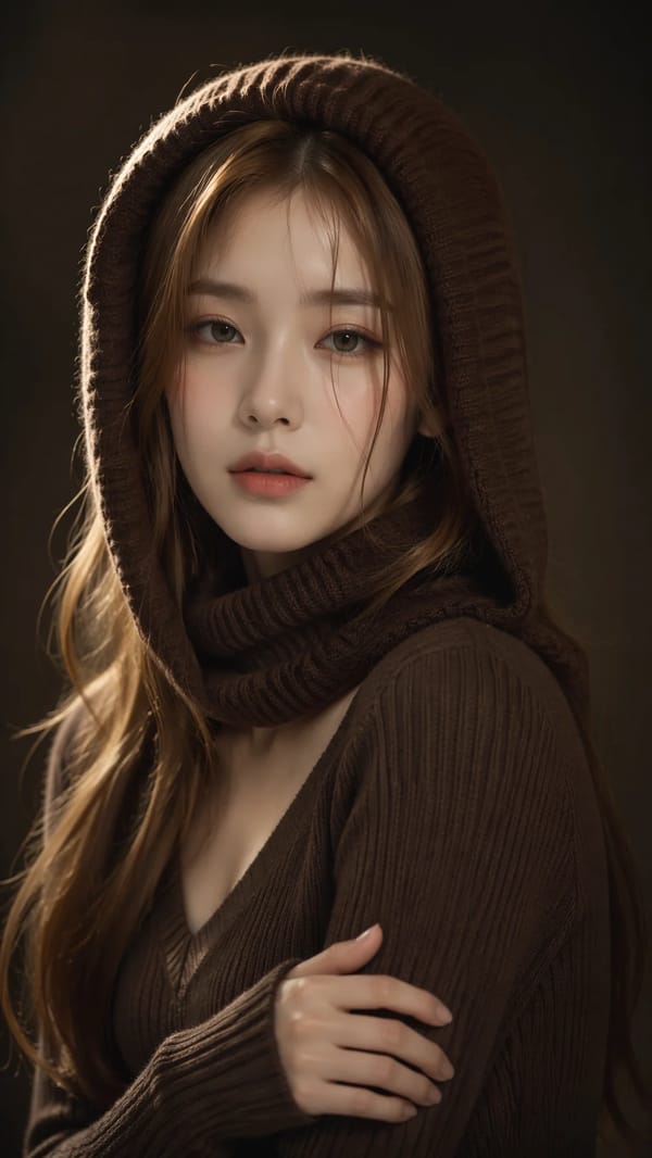 Vertical bust portrait photo, beautiful young East Asian girl, long gradient light golden brown…