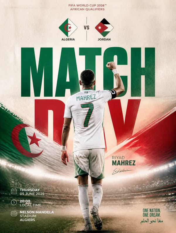 Ultra-realistic football match day poster design,ryad mahrez seen from the back wearing algeria whi… prompt example