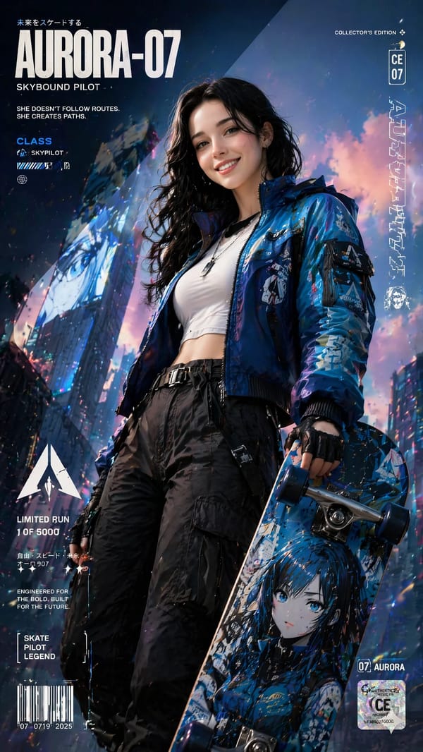Create a premium collector's edition character poster. A digital art comic-style girl appears w…