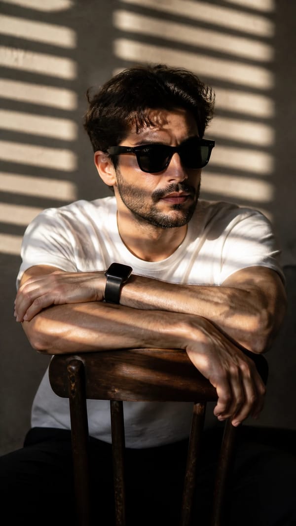 A high-resolution, cinematic portrait of a young man with messy, voluminous dark hair and a well-gr… prompt example