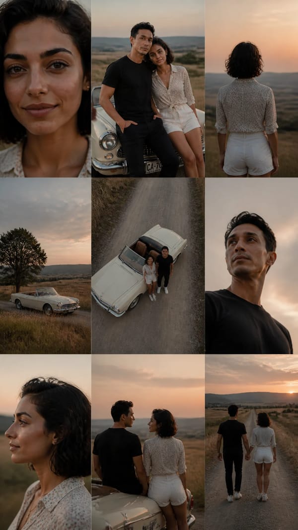 A cinematic 3×3 grid of film-still frames featuring the same couple during a quiet countryside…