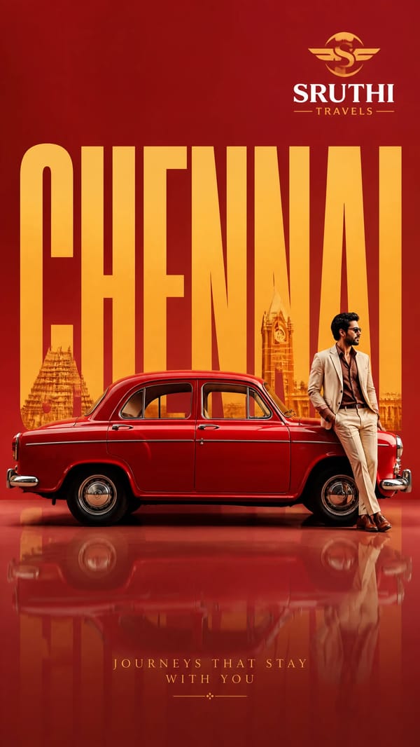 High-end surreal automotive advertising poster for SRUTHI TRAVELS, iconic vintage car shown in clea… prompt example