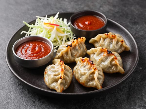 spicy grilled chicken momos on black ceramic plate, red dipping sauces, cabbage salad, top view…