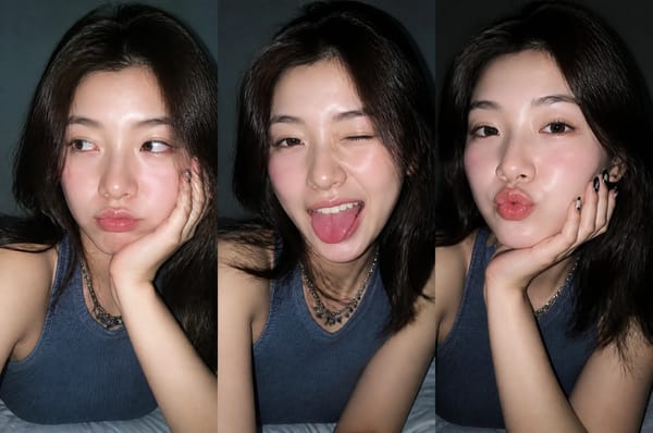 Ultra-realistic Gen Z selfie photo collage, three vertical smartphone flash selfies of a young woma… prompt example