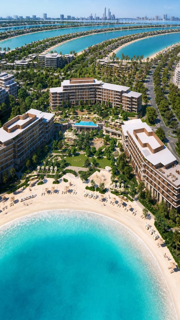 A high-angle aerial perspective captures a luxury coastal resort complex characterized by tiered, m… prompt example