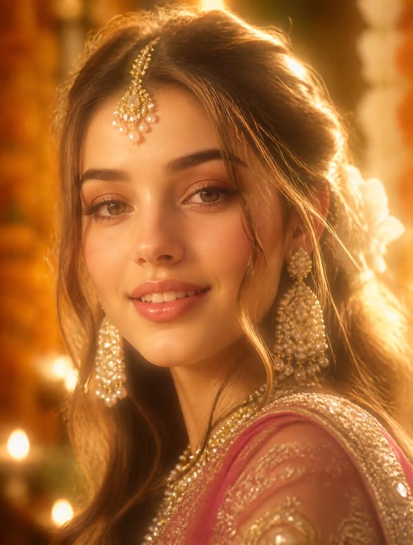 A striking portrait of a woman captured in a soft-focus, ethereal gaze, her face illuminated by…