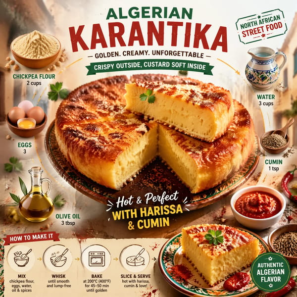 Ultra-viral recipe infographic.Showcase ALGERIAN KARANTIKA — a golden, custardy chickpea pie with a… prompt example