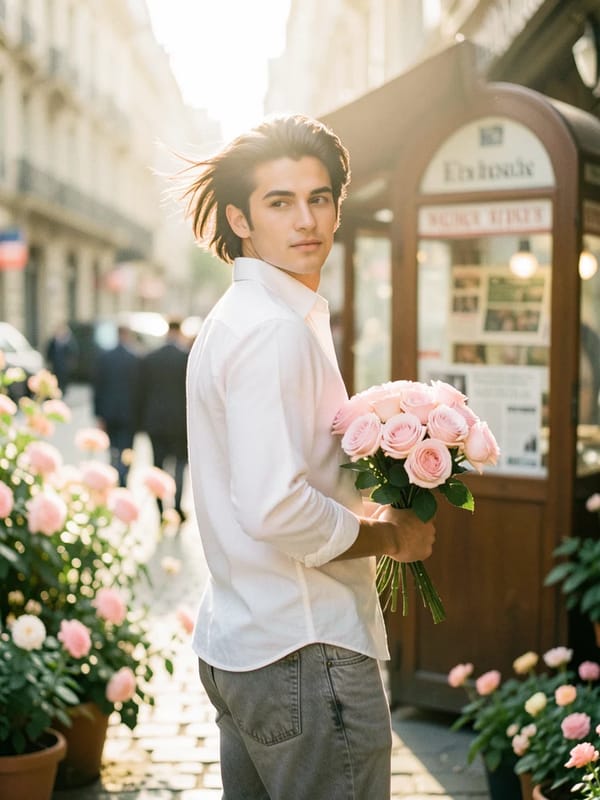 A beautiful young man with dark flowing hair holding a bouquet of soft pink roses, turning back and… prompt example