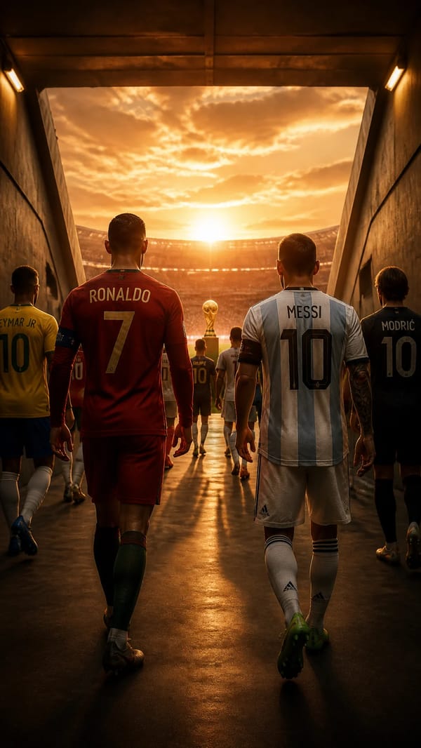 Famous soccer players Ronaldo and messi on other side in iconic jerseys approaching a FIFA Worl…