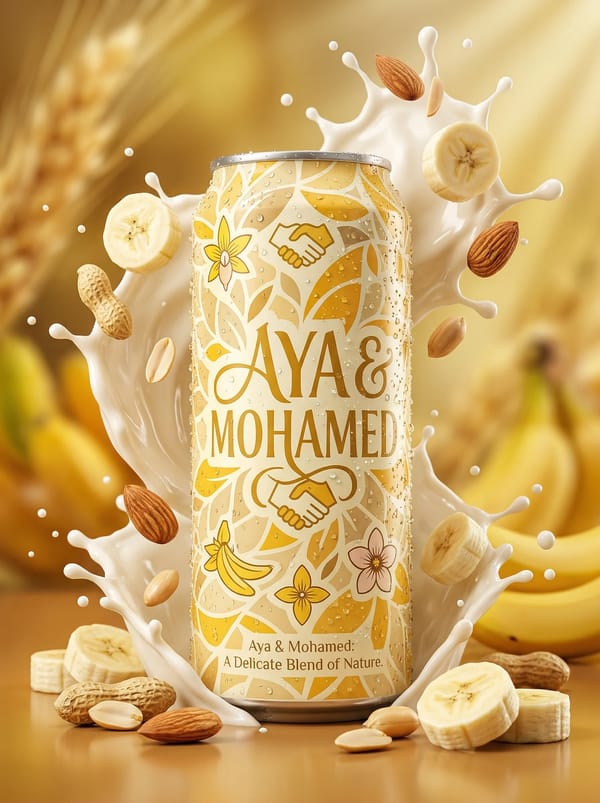 Hyper-realistic product advertisement of a AYA & MOHAMED can with yellow and cream design, surr…